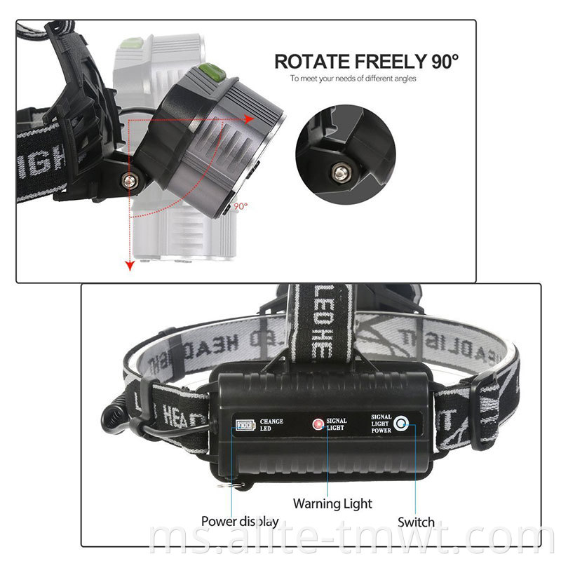 Aluminium berkualiti tinggi 1800 Lumen boleh dicas semula 5LED HEADLAMP BRIGHTEST 18650 3*T6+2*R2 LED LED